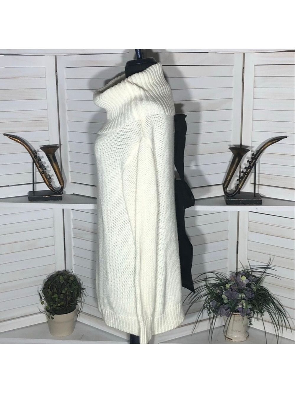 Poof! Cream Cowl Neck Open Back Bow Sweater Dress Size S - Picture 4 of 14
